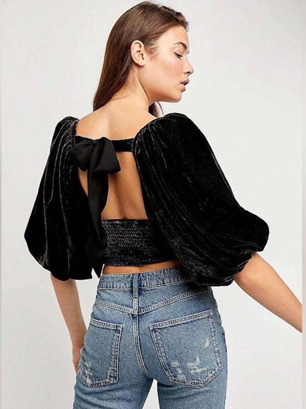 Free People Black Velvet Puff-Sleeve blouse style Crop Top with open Back Tie